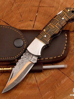 Handcrafted Copper Damascus Steel Folding Knife with Camel Bone and Bull Handle